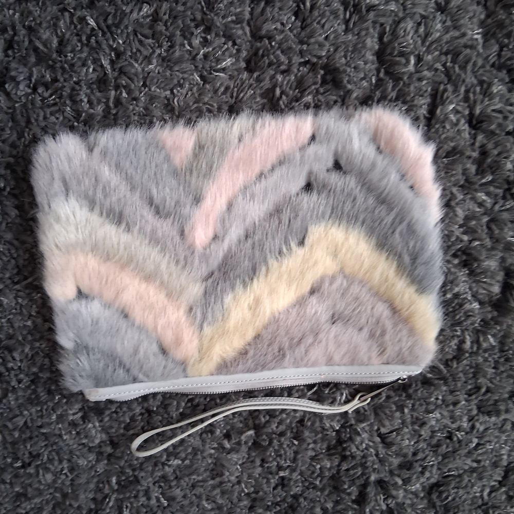 Faux Fur Chevron Clutch - Gray, Pink, Cream